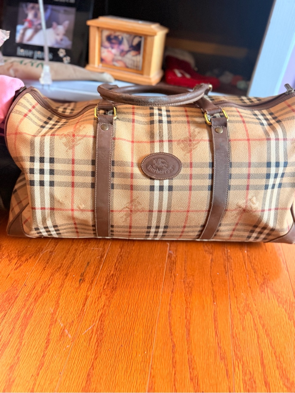 Burberry Tan Plaid Leather-Trim Duffel Bag